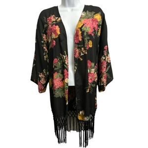 Say What Medium Kimono Robe Swim Cover-Up Beach Black Pink Floral Sheer Fringe